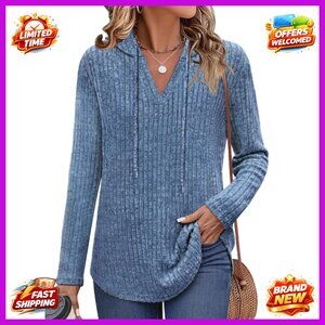 Long Sleeve V-Neck Hoodie Pullover Ribbed Knit Sweater Women's S-XXL